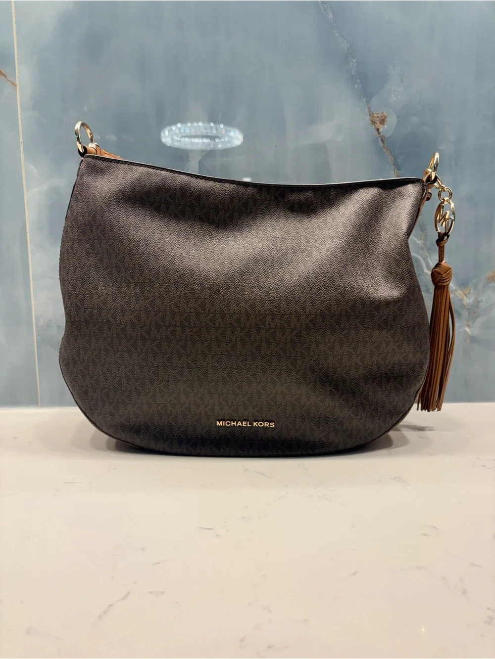Michael Kors Dark Brown Signature Messenger Bag with Gold Logo
